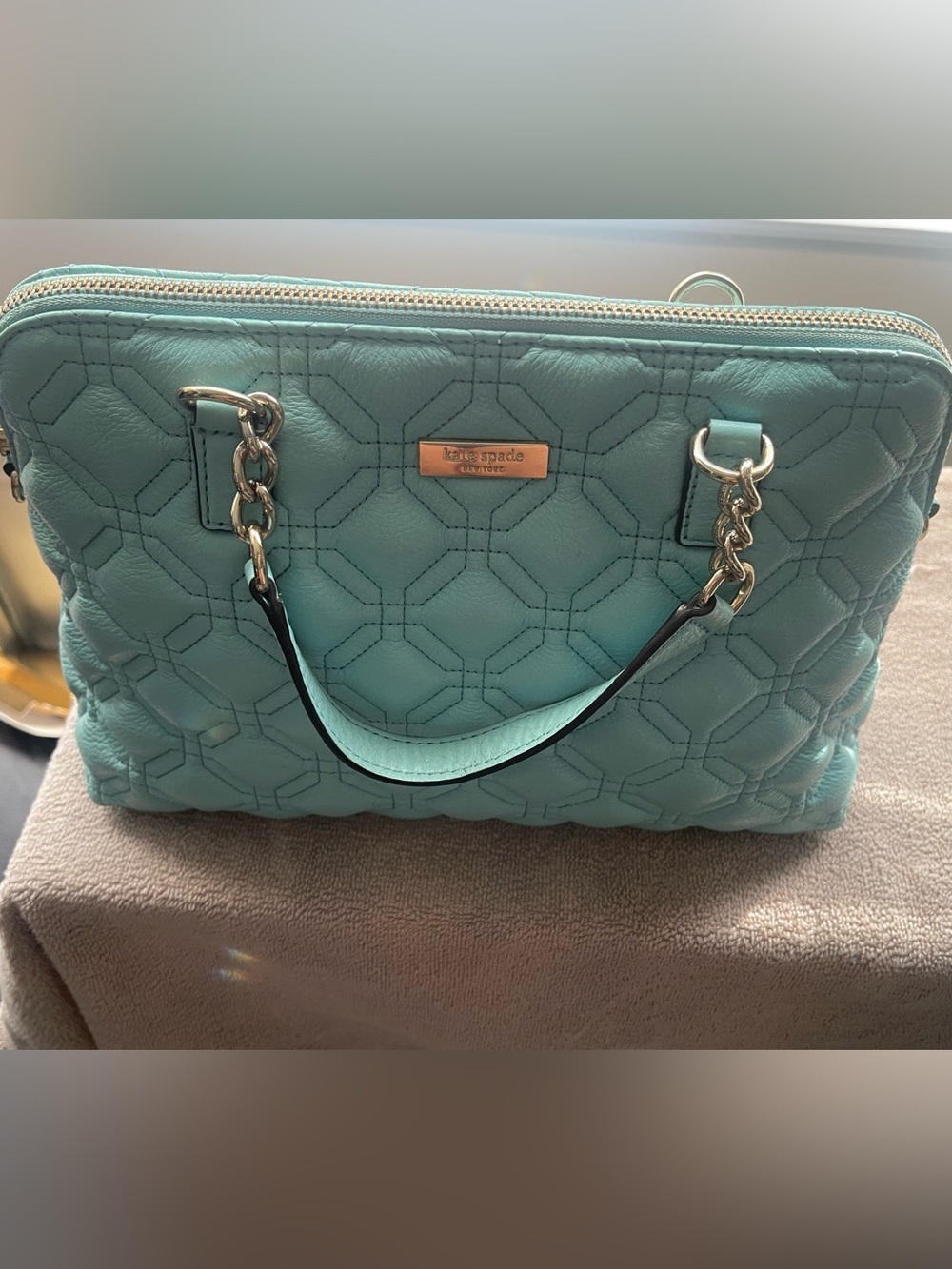 kate spade Quilted Teal Leather Satchel with Chain Handles with wallet